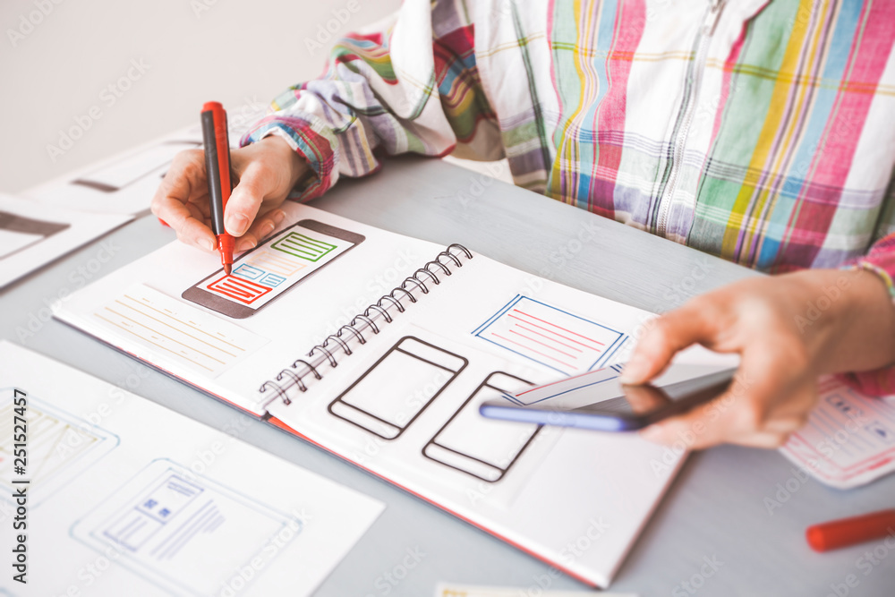 Poster designing application for mobile phone. the specialist creates a prototype user experience interface