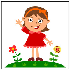 Cheerful girl in red dress on a green meadow with flowers in cartoon style isolated on white background