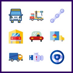 9 truck icon. Vector illustration truck set. engine and steering wheel icons for truck works