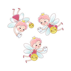 Tooth fairy with a baby milk tooth and coin. Tooth fairy girl flying Fantastic vector illustration in cartoon style isolated on white background.