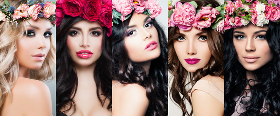 Beautiful women face set. Colorful flowers, makeup and long curly hair. Blossoms beauty bright...