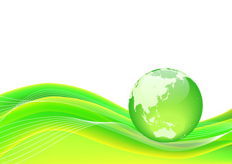 緑色の地球と波型抽象背景-ベクターイラスト