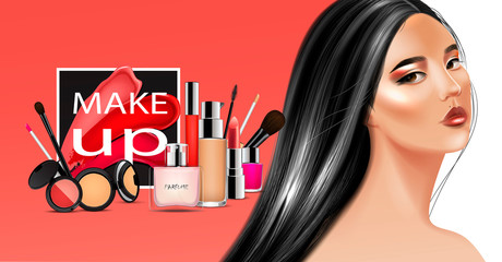 Beauty and cosmetics background with different products, smears lipstick and asian model with black long hair