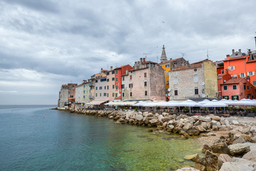 Fototapeta na wymiar Coastal town of Rovinj, Istria, Croatia. Rovinj - beautiful antique city, yachts and Adriatic Sea.