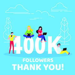 Thank you 400000 followers numbers postcard. People man, woman big numbers flat style design 400k thanks vector illustration isolated on blue background. Template for internet media and social network