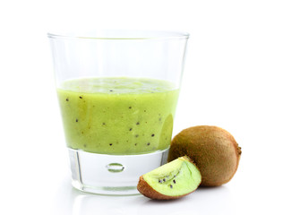 Smoothies of kiwi in glass with fresh fruits on white background