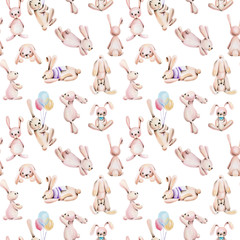 Seamless pattern with watercolor cute rabbits, hand drawn on a white background