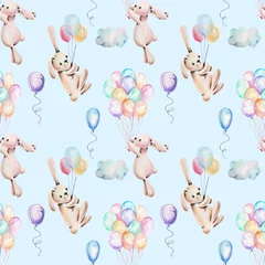 Papier Peint photo Animaux avec ballon Modèle sans couture avec des lapins mignons aquarelles avec des ballons à air, dessinés à la main sur un fond bleu