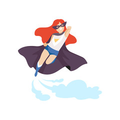 Girl Wearing Colorful Superhero Costume, Cute Super Child Character in Black Mask and Cape Flying Vector Illustration