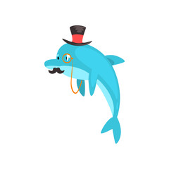 Dolphin with Mustache Swimming Wearing Black Top Hat and Retro Glasses, Cartoon Humanized Sea Animal Character Vector Illustration