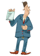 A bank staff man stands and holds contract in his hand. Cartoon. Caricature.