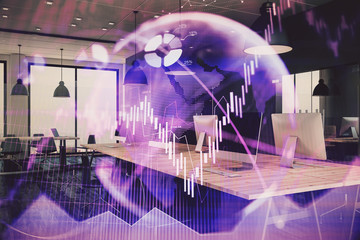 Double exposure of stock market chart and office desktop on background. financial strategy concept. 3d render