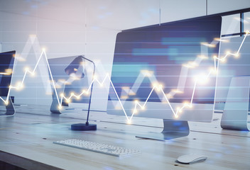 Double exposure of stock market chart and office desktop on background. financial strategy concept. 3d render