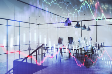 Fototapeta na wymiar Double exposure of stock market chart and office desktop on background. financial strategy concept. 3d render