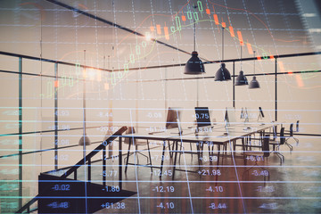 Double exposure of stock market chart and office desktop on background. financial strategy concept. 3d render