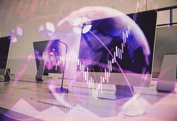 Double exposure of stock market chart and office desktop on background. financial strategy concept. 3d render