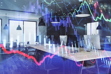 Double exposure of stock market chart and office desktop on background. financial strategy concept. 3d render