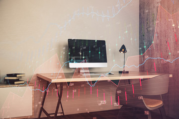 Double exposure of stock market chart and office desktop on background. financial strategy concept. 3d render