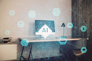 AI (Artificial Intelligence) concept. deep learning. Double exposure desktop background. 3d render
