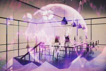 Double exposure of stock market chart and office desktop on background. financial strategy concept. 3d render