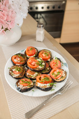 kitchen diet eggplants with tomatoes and garlic, mayonnaise and fresh onions