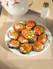 kitchen diet eggplants with tomatoes and garlic, mayonnaise and fresh onions