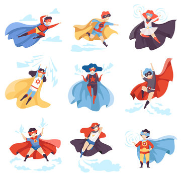 Cute Kids Wearing Superhero Costumes Set, Super Children Characters in Masks and Capes in Different Pose Vector Illustration