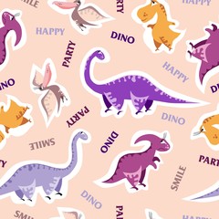 Seamless dinosaur pattern. Animal black background with purple dino. Vector illustration.