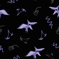 Obraz premium Seamless dinosaur pattern. Animal black background with purple dino. Vector illustration.