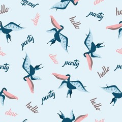 Seamless dinosaur pattern. Animal blue background with fly blue dino. Vector illustration.