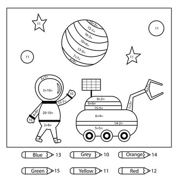 Educational coloring page for kids. Paint color by subtraction and addition numbers. Cartoon astronaut, moon loader and planets. Space theme. Vector illustration.