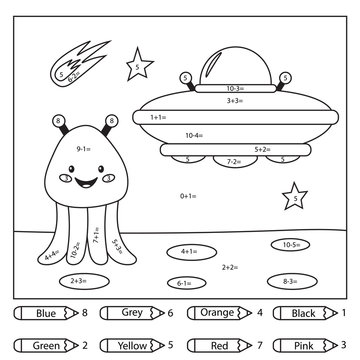 Educational coloring page for kids. Paint color by subtraction and addition numbers. Cute cartoon kawaii alien and UFO. Space theme. Vector illustration.