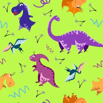 Seamless dinosaur pattern. Animal green background with colorful dino. Vector illustration.