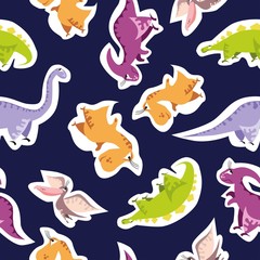 Seamless dinosaur pattern. Animal dark blue background with colorful dino. Vector illustration.