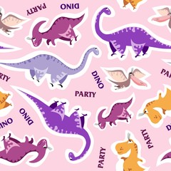 Seamless dinosaur pattern. Animal pink background with colorful dino. Vector illustration.
