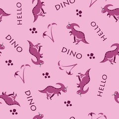 Seamless dinosaur pattern. Animal pink background with dark pink dino. Vector illustration.