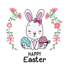Easter card. Cute rabbit with easter eggs