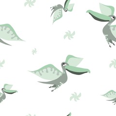 Fototapeta na wymiar Seamless dinosaur pattern. Animal white background with green dino. Vector illustration.