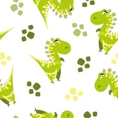 Seamless dinosaur pattern. Animal white background with green dino. Vector illustration.