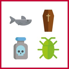 4 death icon. Vector illustration death set. shark and scary icons for death works