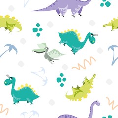 Seamless dinosaur pattern. Animal white background with colorful dino. Vector illustration.
