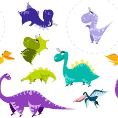 Seamless dinosaur pattern. Animal white background with colorful dino. Vector illustration.