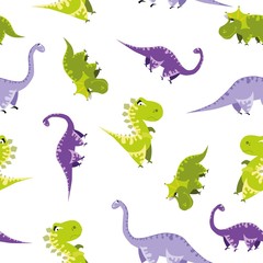 Seamless dinosaur pattern. Animal white background with colorful dino. Vector illustration.
