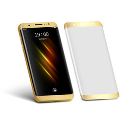 Gold smart phone with screen protector isolated on white background