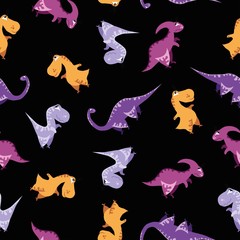 Seamless dinosaur pattern. Animal black background with colorful dino. Vector illustration.