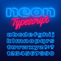 Wide neon alphabet font. Blue neon color light bulb lowercase letters and numbers. Stock vector typeface for your typography design.