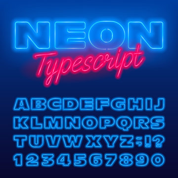 Wide neon alphabet font. Blue neon color light bulb uppercase letters and numbers. Stock vector typeface for your typography design.