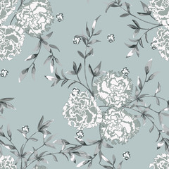 floral background with roses, large flower buds and twigs with leaves