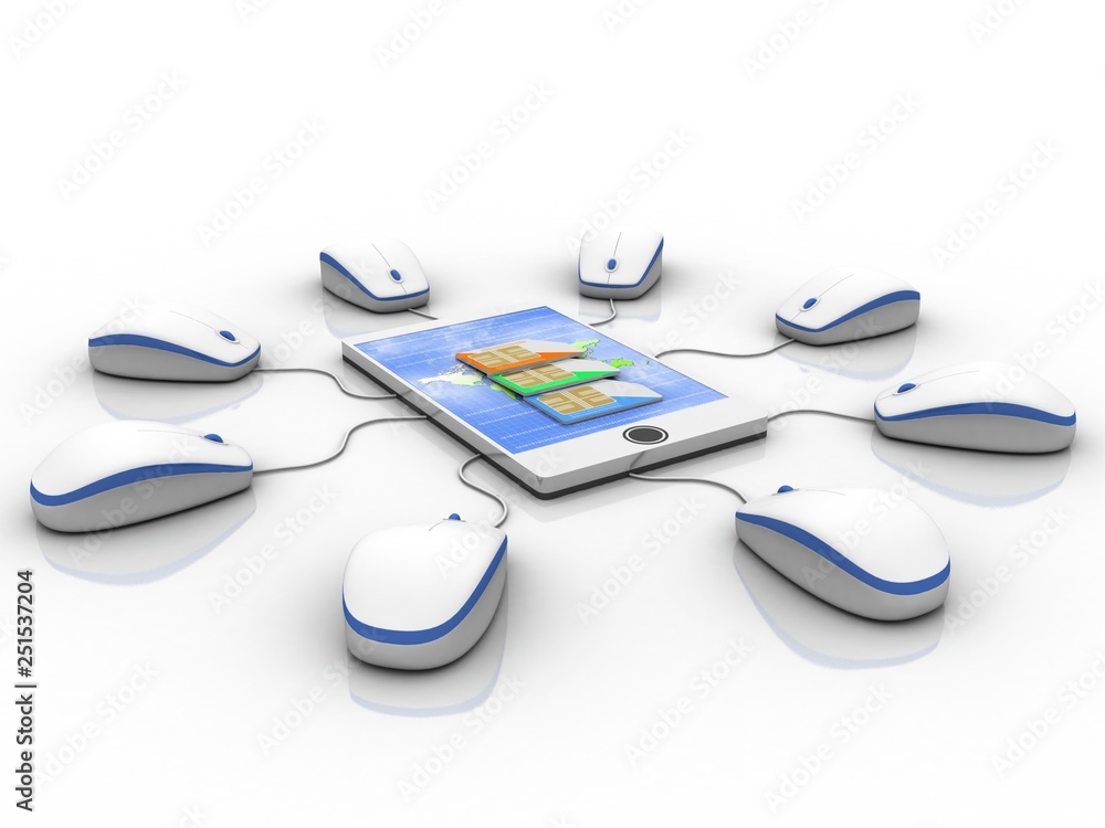 Poster 3d render sim on a mobile connected mouse