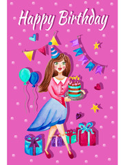 Illustration of watercolor hand drawn cute girl with cake, balloons and gifts on pink background. Sweet girl, pink and blue dress, face, cartoon. Happy Birthday text.